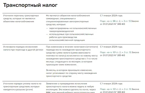 Таблица изменений НК РФ с 2024 года: разъяснения налогового законодательства по транспортному налогу