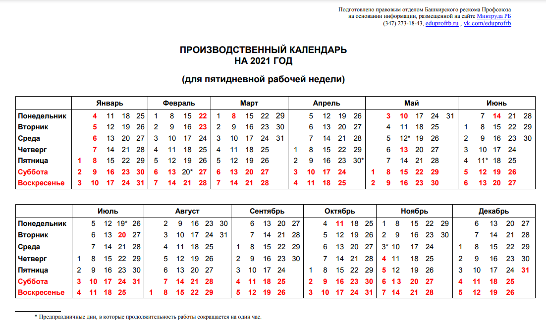 Производственный календарь республики Башкортостан на 2021 год