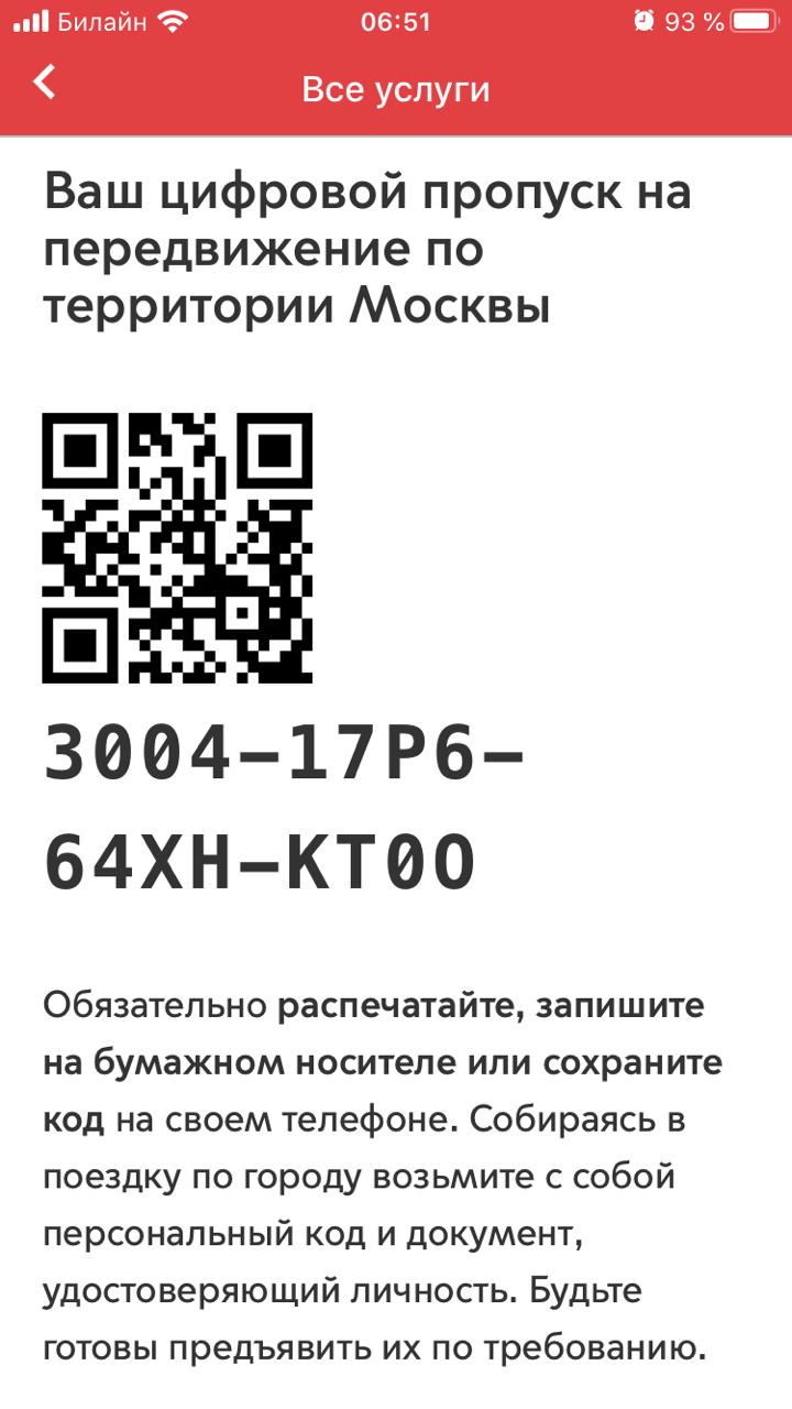 Как выглядит пропуск, который получают на портале mos.ru