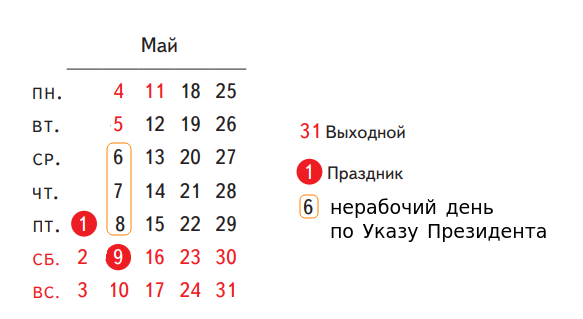 Календарь на май 2020 года с учетом праздников и нерабочих дней